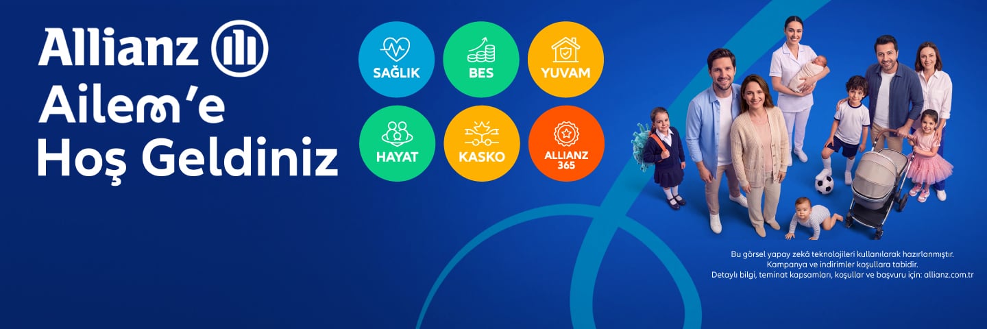 Allianz Ailem'e Hoş Geldiniz afişi, farklı yaşlardan aile bireyleri ve sağlık, BES, yuvam, hayat, kasko, Allianz 365 sigorta ürünlerinin ikonlarını içeriyor.